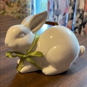 White Ceramic Bunny with Green Ribbon